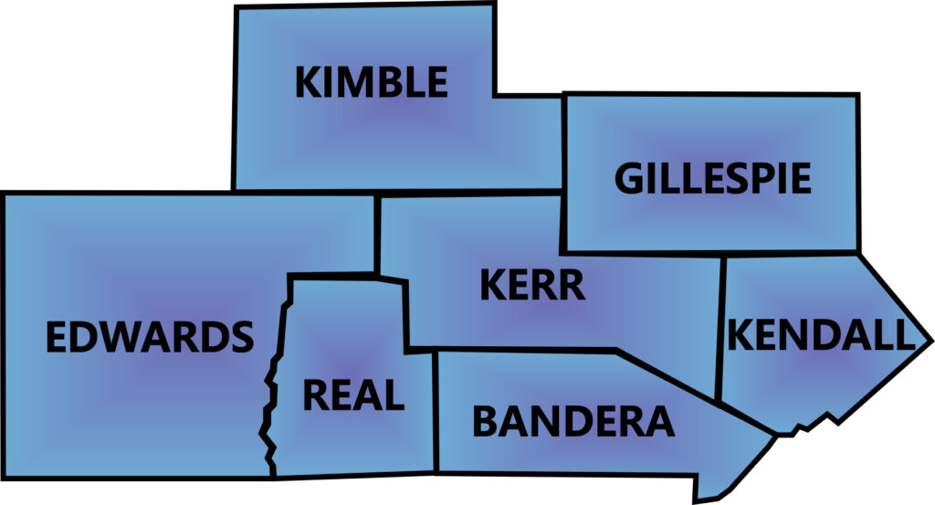 map showing Kerr, Kimble, Gillespie, Kendall, Bandera, Real, and Edwards Counties